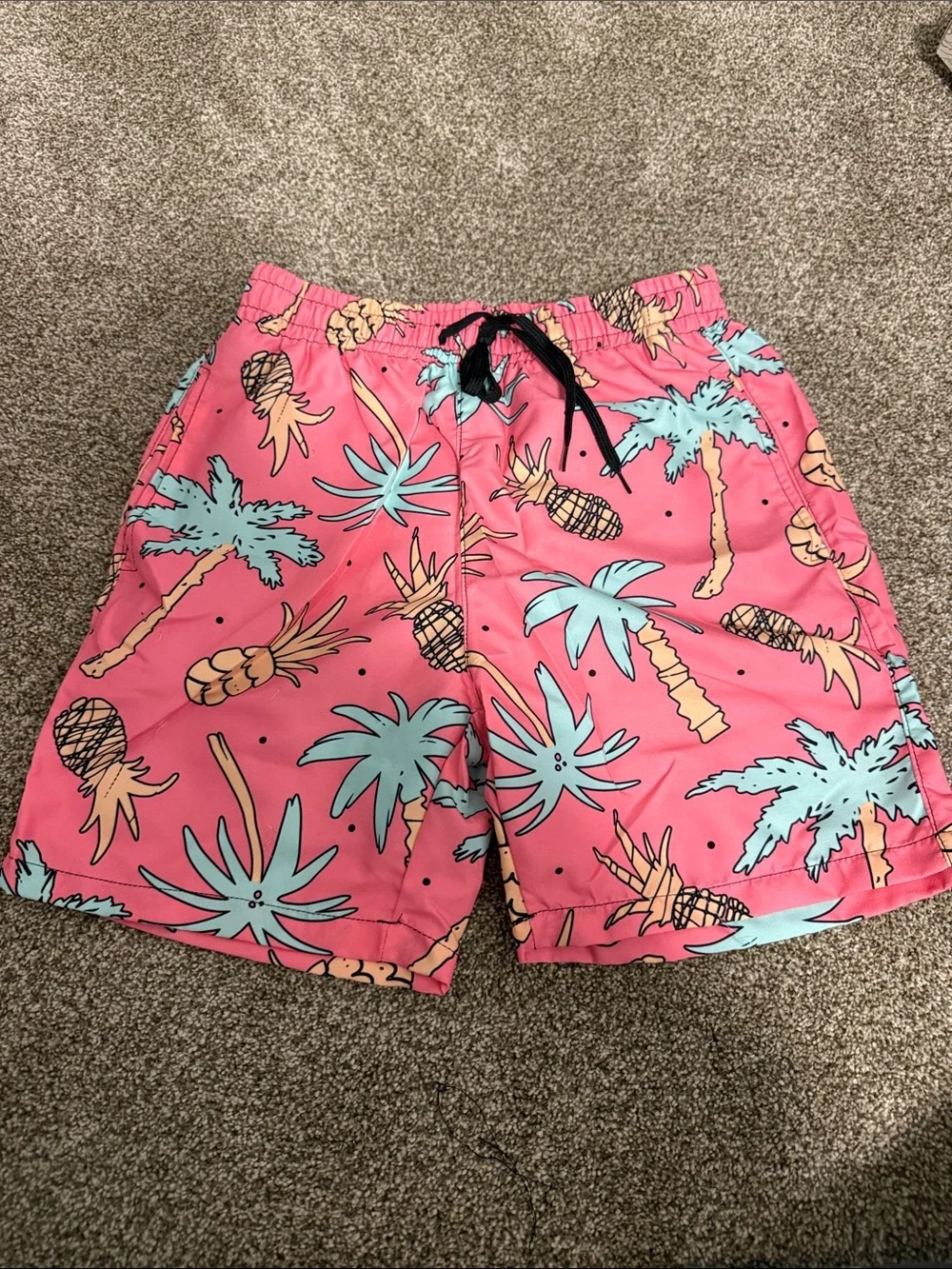 Pink Pineapple Print Kids Swim Trunks with black Liner